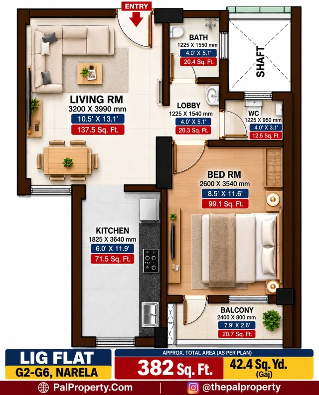 Narela G2-G6 DDA LIG 1BHK flat ka floor plan