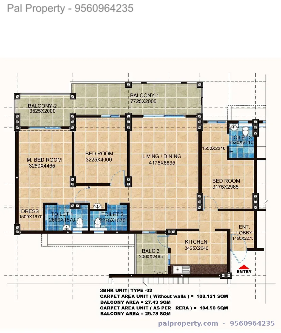 HIG 3BHK floor plan Type 2