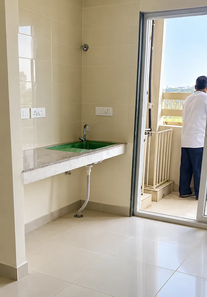 EWS flat kitchen platform, sink aur balcony