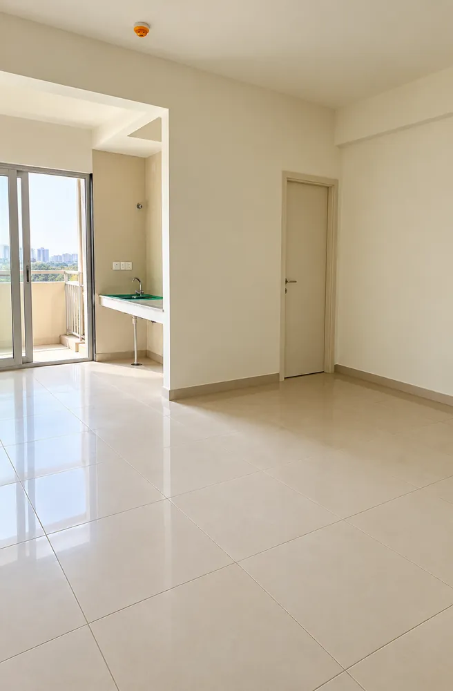 EWS flat living room, vitrified tile flooring aur balcony