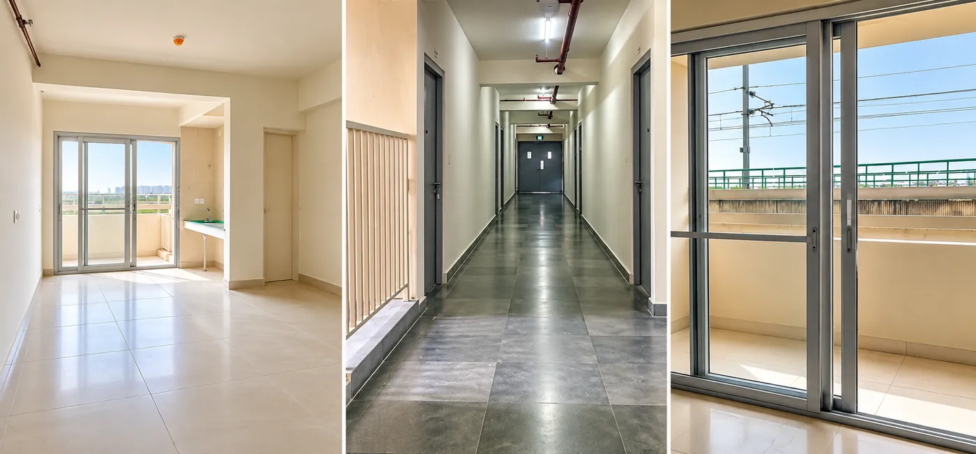 Janta Awaas EWS flat — kamra, corridor aur balcony